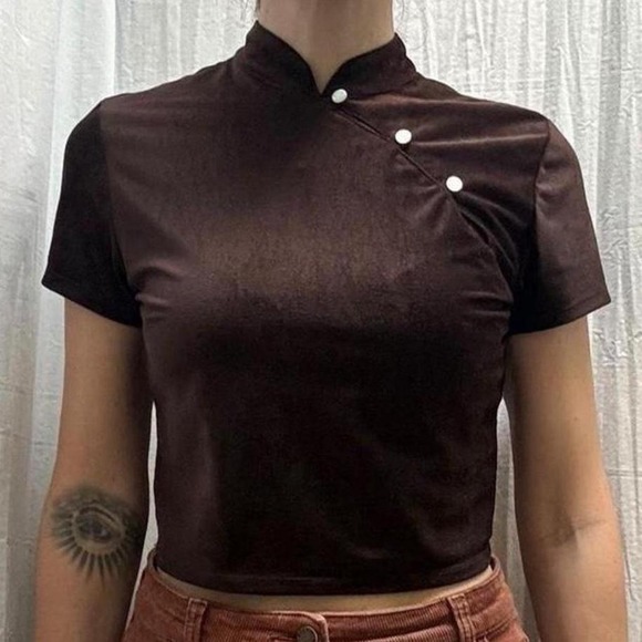 Hot Kiss Tops - Brown Velvet Mandarian Collar Crop Top Vintage 90s/Y2K Small Hot Kiss Grunge Alt